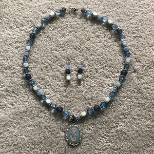 12” Blue Beaded Necklace with Matching Earrings